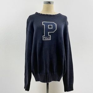 Vintage Ralph Lauren Polo Letterman Sweater Navy White P Logo